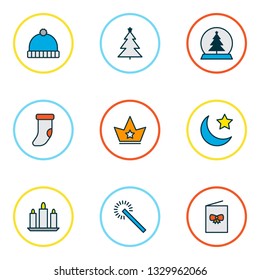 Holiday icons colored line set with candle, christmas sock, winter hat royal elements. Isolated vector illustration holiday icons.