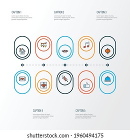 Holiday icons colored line set with close envelope, petard, music note and other bonbon elements. Isolated vector illustration holiday icons.