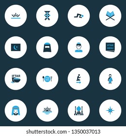 Holiday icons colored set with arabian, menu, islam flag and other sunlight elements. Isolated vector illustration holiday icons.