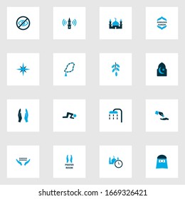 Iconos de festividad coloridos con dátiles, dua, habitación y otros elementos mubarak ramadan. Iconos de vacaciones de ilustración vectorial aislada.
