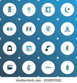 Holiday icons colored set with holy book, moon, cereal and other prayer place elements. Isolated vector illustration holiday icons.