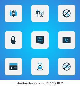 Holiday icons colored set with lower your eyes, no alcohol, teaching and other mosque lantern elements. Isolated vector illustration holiday icons.