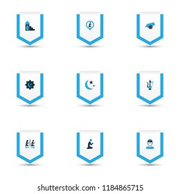 Holiday icons colored set with mullah, isha, location and other man elements. Isolated vector illustration holiday icons.