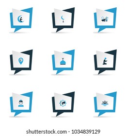Holiday icons colored set with prayer, mullah, religion and other mosque elements. Isolated vector illustration holiday icons.