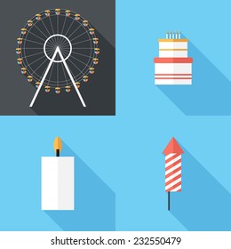 Holiday icons. Flat design style modern vector illustration. Isolated on stylish color background. Flat long shadow icon. Elements in flat design.