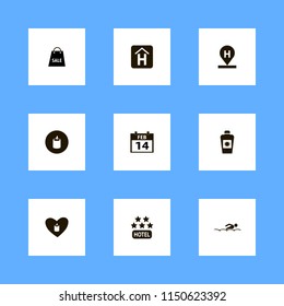 holiday icons. hotel location, sun oil, hotel sign and swimming vector icons set