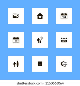 holiday icons. hotel three stars, happy ramadan, shopping bag and house heart vector icons set