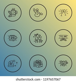 Holiday icons line style set with hot tea, festive bow, snowman and other cheers elements. Isolated vector illustration holiday icons.