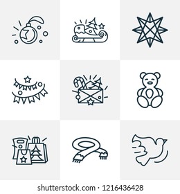 Holiday icons line style set with origami, paper garland, christmas letter neckerchief elements. Isolated vector illustration holiday icons.