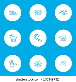 Holiday icons line style set with stemware, fireworks, candy cane cheers elements. Isolated vector illustration holiday icons.