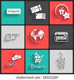 Holiday icons on colorful squares. Vector illustration.