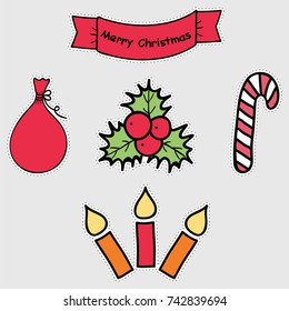 Holiday icons, patches, stickers.Isolated illustrations - great for stickers, embroidery, badges.Hand drawn caramel cane,bag of Santa Claus,holly,candles and greeting banner
