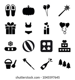 Holiday icons. set of 16 editable filled holiday icons such as pumpkin, pine tree, bucket toy for beach, balloon, opened champagne, snowflake, cake, heart balloons