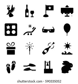 holiday icons set. Set of 16 holiday filled icons such as rabbit, restaurant table, from toy for beach, present, flip flops, sunbed, slippers, angel, balloon, sparkler