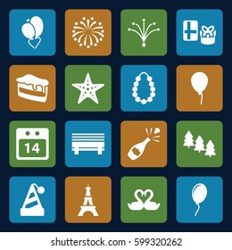 holiday icons set. Set of 16 holiday filled icons such as pine tree, Eiffel Tower, baloon, piece of cake, swan heart, heart baloons, 14 date calendar, fireworks, garland