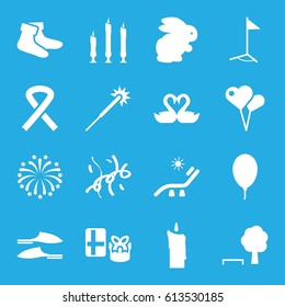 Holiday icons set. set of 16 holiday filled icons such as rabbit, sunbed, sparklers, socks, slippers, swan heart, balloon, fireworks, candle, confetti, ribbon, flag