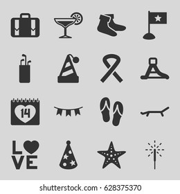 Holiday icons set. set of 16 holiday filled icons such as socks, 14 date, love word, luggage, party flag, sparkler, party hat, waterslide, ribbon, cocktail, sunbed, starfish
