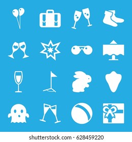 Holiday icons set. set of 16 holiday filled icons such as rabbit, animal fang, ball, balloon, gift, socks, ghost, clink glasses, luggage, wine glass, fireworks