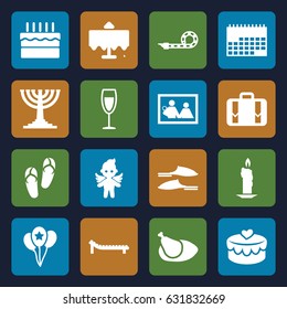 Holiday icons set. set of 16 holiday filled icons such as restaurant table, flip flops, slippers, angel, heart lock, luggage, wine glass, cake, party pipe, chicken, balloon