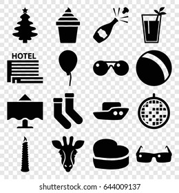 Holiday icons set. set of 16 holiday filled icons such as giraffe, ball, baloon, boat, socks, ice cream in can, heart cake, disco ball, restaurant table, cocktail, candle