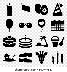 Holiday icons set. set of 16 holiday filled icons such as giraffe, bucket toy for beach, slippers, heart baloons, heart lock, balloon, candle, cake, easter egg, home on island