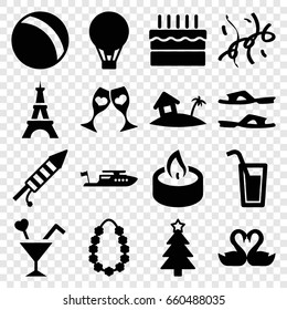 Holiday icons set. set of 16 holiday filled icons such as eiffel tower, ball, boat, slippers, christmas tree, swan heart, clink glasses, cocktail, cake, fireworks, candle