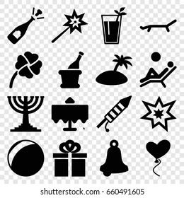 Holiday icons set. set of 16 holiday filled icons such as restaurant table, opened champagne, heart baloons, fireworks, champagne, gift, clover, cocktail, sunbed