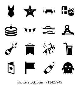 Holiday icons set. set of 16 holiday filled icons such as ghost, party flag, firework, cake, waterslide, confetti, love card, restaurant table, cocktail, starfish, flip flops