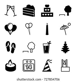 Holiday icons set. set of 16 holiday filled and outline icons such as party hat, candle, cocktail, flip flops, balloon, wine glass, 14 date calendar, umbrella, bell, cake