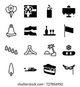 Holiday icons set. set of 16 holiday filled and outline icons such as restaurant table, boat, gift, slippers, piece of cake, mask, wine bottle and glass, flag, pine tree