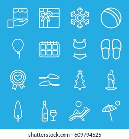 Holiday icons set. set of 16 holiday outline icons such as ball, baloon, gift, slippers, pine-tree, heart ribbon, christmas tree, snowflake, umbrella, man laying in the sun