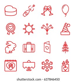 Holiday icons set. set of 16 holiday outline icons such as restaurant table, rabbit, pine-tree, heart ribbon, 14 date, heart cake, clink glasses, candle heart, luggage