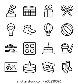 Holiday icons set. set of 16 holiday outline icons such as bucket toy for beach, from toy for beach, cake with one candle, present, socks, piece of cake, bulb heart