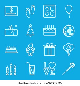 Holiday icons set. set of 16 holiday outline icons such as baloon, from toy for beach, flip flops, sparklers, love word, present, angel, cake, candle, balloon, cocktail