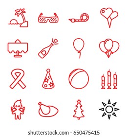 Holiday icons set. set of 16 holiday outline icons such as restaurant table, baloon, angel, christmas tree, party pipe, candle, party hat, chicken, ribbon, sunbed, sunglasses