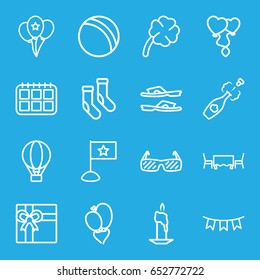 Holiday icons set. set of 16 holiday outline icons such as ball, gift, socks, slippers, heart baloons, heart balloons, party flag, champagne, balloon, clover, restaurant table