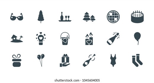 Holiday icons. set of 18 editable filled holiday icons: baloon, present, balloon, socks, cake, candle heart, champagne, home on island, wine bottle and glass, sunglasses