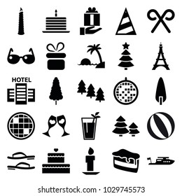 Holiday icons. set of 25 editable filled holiday icons such as pine tree, present, boat, piece of cake, pine-tree, clink glasses, candy cane, disco ball, cocktail, candle