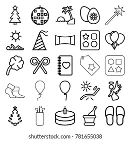 Holiday icons. set of 25 editable outline holiday icons such as baloon, from toy for beach, sunbed, slippers, christmas tree, disco ball, balloon, notebook with heart, angel
