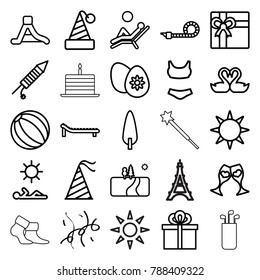 Holiday icons. set of 25 editable outline holiday icons such as gift, party hat, beach ball, swim suit, pine-tree, swan heart, clink glasses, party pipe, fireworks, waterslide