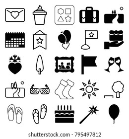 Holiday icons. set of 25 editable filled and outline holiday icons such as gift, calendar, heart baloons, clink glasses, heart frozen, luggage, flag, balloon, cake, landscape