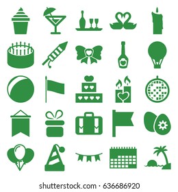 Holiday icons set. set of 25 holiday filled icons such as present, cake, ice cream in can, swan heart, champagne bottle with heart, bow, candle heart, luggage, party flag