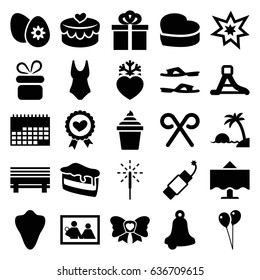 Holiday icons set. set of 25 holiday filled icons such as animal fang, present, balloon, slippers, piece of cake, ice cream in can, heart ribbon, heart cake, bow, candy cane