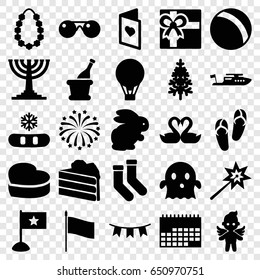 Holiday icons set. set of 25 holiday filled icons such as rabbit, ball, flip flops, boat, gift, socks, ghost, pine-tree, swan heart, heart cake, angel, party flag, fireworks