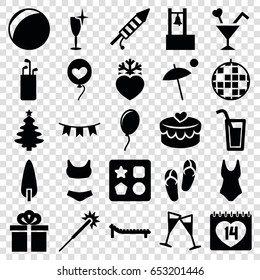 Holiday icons set. set of 25 holiday filled icons such as from toy for beach, flip flops, sparklers, clean wine glass, pine-tree, 14 date, heart baloons, heart frozen