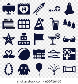Holiday icons set. set of 25 holiday filled icons such as pine tree, restaurant table, baloon, gift, ghost, 14 date, swan heart, party pipe, fireworks, garland, panorama mode