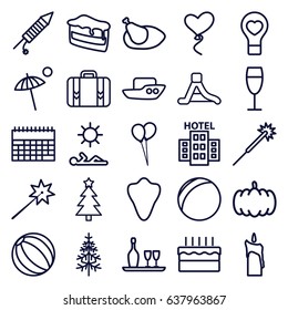Holiday icons set. set of 25 holiday outline icons such as animal fang, pumpkin, boat, sparklers, balloon, piece of cake, pine-tree, bulb heart, heart baloons, luggage