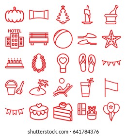 Holiday icons set. set of 25 holiday outline icons such as pumpkin, bucket toy for beach, slippers, bulb heart, heart lock, party flag, champagne, garland, balloon