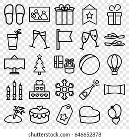 Holiday icons set. set of 25 holiday outline icons such as present, slippers, heart baloons, heart cake, heart lock, wine glass, candle, panorama mode, restaurant table