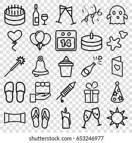 Holiday icons set. set of 25 holiday outline icons such as present, sparklers, slippers, ice cream in can, heart baloons, wine glass, 14 date calendar, fireworks, cookie, cake